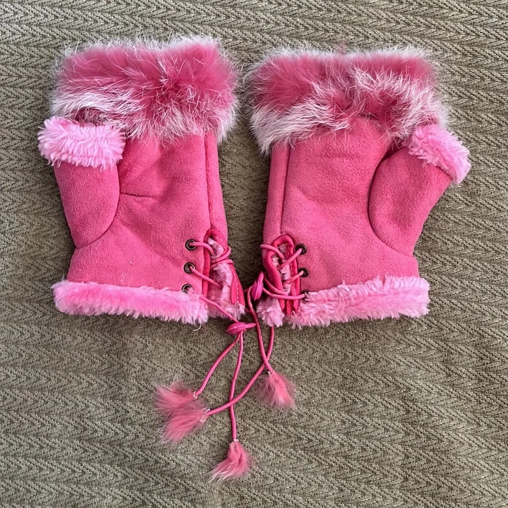 Pink Faux Fur Fingerless Lace Up Gloves